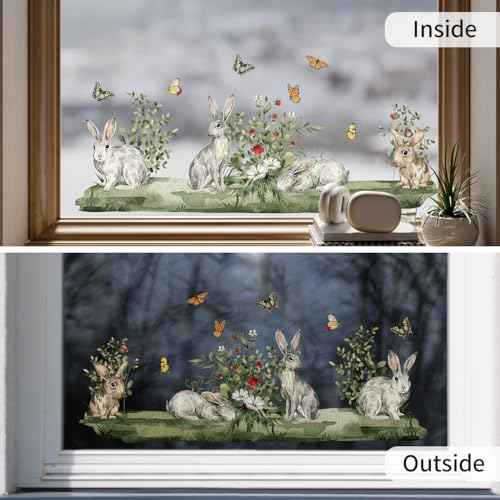 Spring Woodland Forest Animals Window Decals, Vinyl Non-Adhesive Double-Sided Static Clings, Rabbit, Butterfly, Grass, Anti-Collision Stickers for Kids Bedroom Windows Glass Home Decor