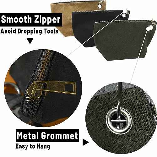 Heavy Duty 16oz Waxed Canvas Tool Storage Bags, Standable One-Piece Tool Organization Pouch - 3 Pack Pouches with Brass Zipper & Grommet (Small)
