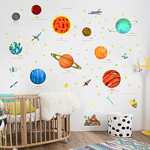 Planets in The Space Kids Wall Decals Space Wall Stickers Boy Bedroom Wall Stickers Peel and Stick Removable Wall Stickers for Kids Nursery Bedroom Living Room