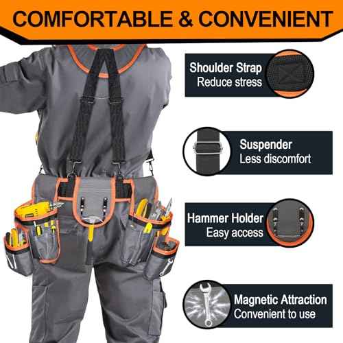 Tool Belts for Men with Magnetic Function, Large Capacity Carpenter Electrician Tool Belt with Suspenders for Men, Electrician Tool Pouch Bag with Adjustable Waist Size, Grey and Orange