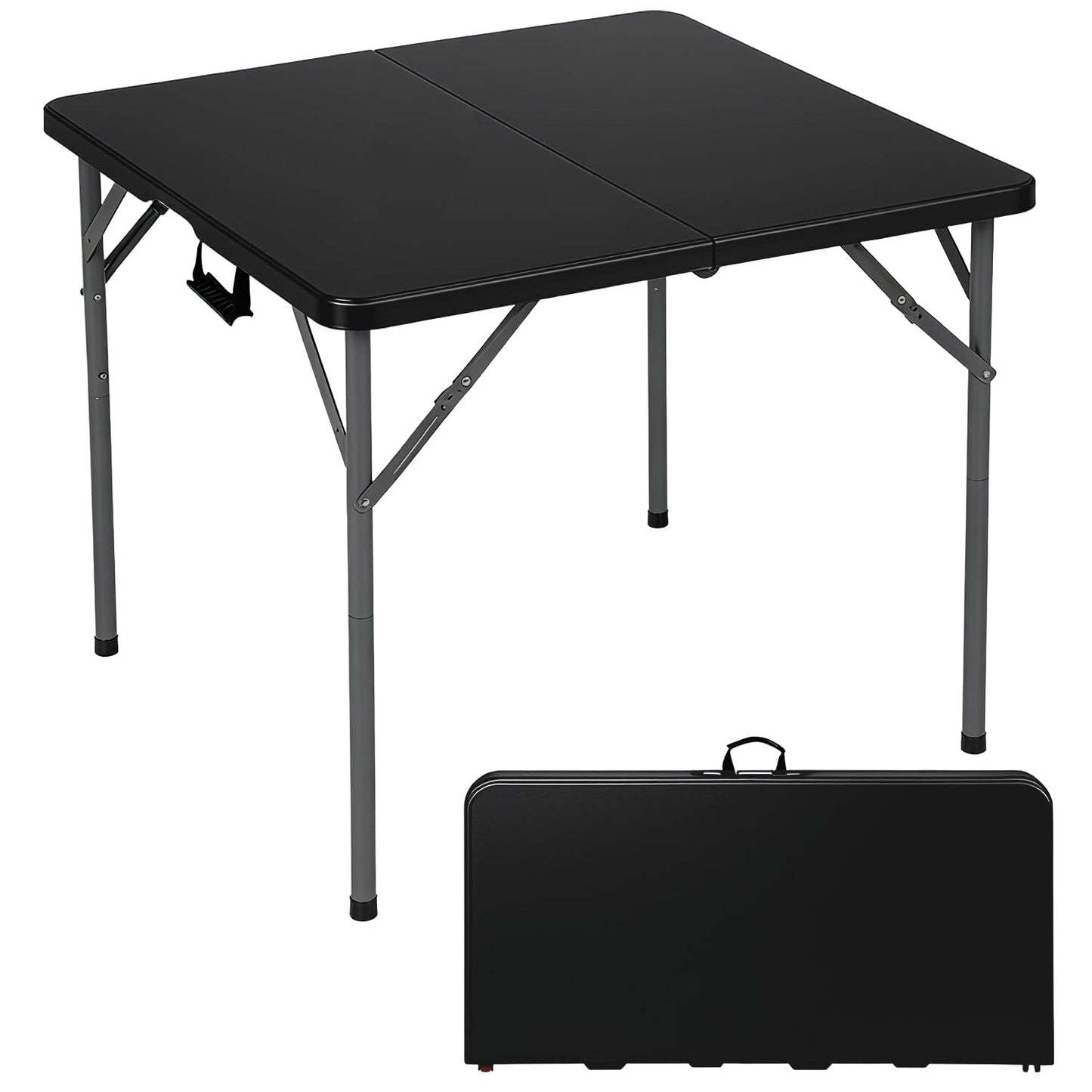FDW 34" Square Outdoor Dining Table, Foldable Portable Plastic Folding Card Table with Built in Carrying Handle and Height Adjustable for Party and Wedding Use, Black