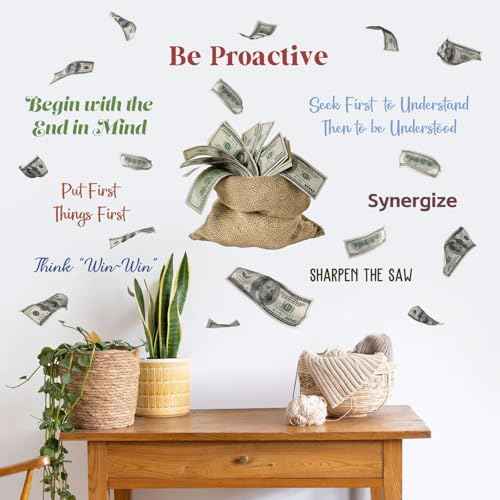 2Sheets Creative Money Bag Filled Dollars Object Wall Decal Removable DIY Inspirational Quotes Wall Decals Vinyl Peel and Stick Money Wallpaper for Girls Boys Bedroom Living Room Bathroom Decor