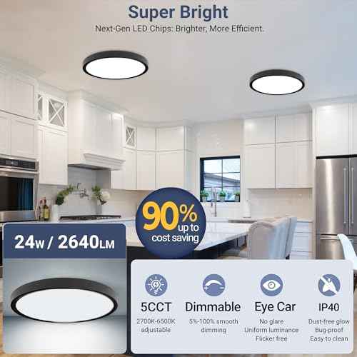 6 Pack 2640LM LED Flush Mount Ceiling Light Fixture, 12inch 24W Dimmable & 5 CCT Selectable (2700K-6500K), Sleek Modern Ceiling Light for Bedroom Laundry Hallway Kitchen, Black