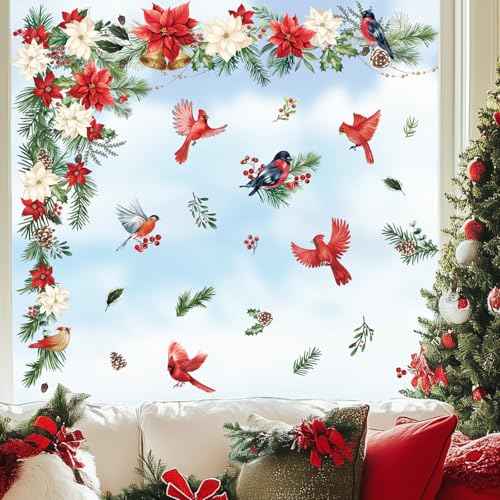 wondever Christmas Flower Cardinal Wall Stickers Christmas Leaves and Floral Red Bird Christmas Window Wall Art Decals for Party Window Xmas Home Party