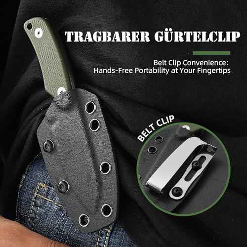 Omesio Neck Knife, Full Tang EDC Knife Necklace for Men, 5.82" Fixed Blade with Kydex SHeath and Clip, Nessmuk Blade Small D2 Steel G10 Handle for Outdoor, Survival, Camping