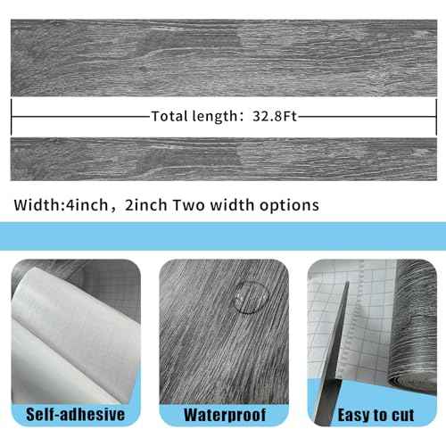 32.8 Feet Peel and Stick Dark Gray Wood Grain 10M Wallpaper Border Removable PVC Waterproof Wallpaper,Bathroom Mirror Frame Border Sticker Wall Decer (1.97inch)