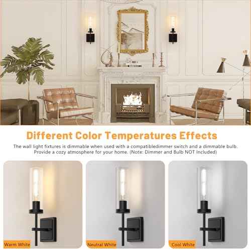 Wall Sconces Set of Two, Matte Black Bathroom Sconces Wall Lighting with Clear Glass, Modern Sconces Wall Decor Set of 2 Hardwired Vanity Light fixtures for Mirror Living Room Hallway Bedroom
