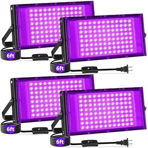 100W Black Lights with Switch+Plug, IP66 Waterproof, LED Blacklight Flood Light for Glow Party, Halloween, Bedroom, Fluorescent Poster, Body Paint, 4 Pack