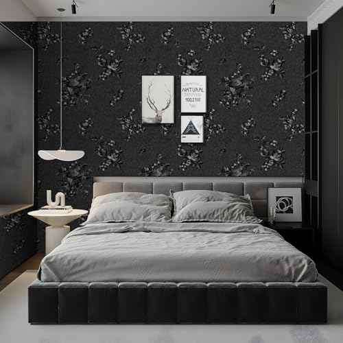 Black Wallpaper Peel and Stick Contact Paper 17.3in x 118.1in Floral Embossed Removable Wallpaper Self-Adhesive Thicken Vinyl Waterproof Flower Textured Bedroom Living Room Wall Paper