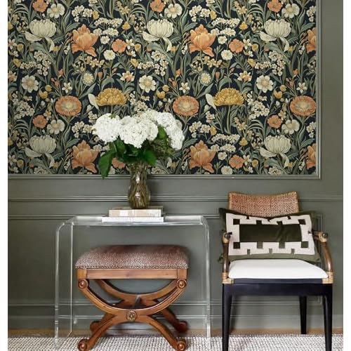 Safiyya Floral Peel and Stick Wallpaper Boho Contact Paper Peel and Stick 17.3"x 78.7" Black Wall Paper Self Adhesive Wildflower Farmhouse Removable Wallpaper for Bedroom Bathroom Vinyl Roll