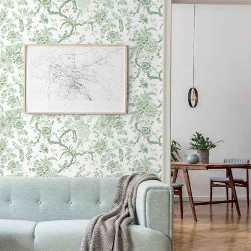 Chinoiserie Peel and Stick Wallpaper Removable Self Adhesive Wallpaper Floral Birds Contact Jacobean Vintage Contact Paper for Bedroom (Green,118.1" X 15.75")