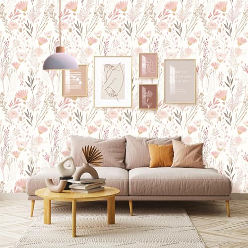 Pink Floral Wallpaper Peel and Stick, Boho Self Adhesive Removable Wall Paper for Bedroom Home Decoration 17.7 x 118 Inch
