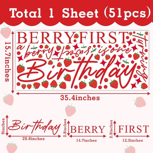 Berry First Birthday Decal Sign Party First Birthday Backdrop Decals Baby Shower Girl Party Arch Stickers Strawberry Fruit Theme Party Decorations Balloon Arch Party Supplies