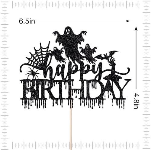 Halloween Happy Birthday Cake Topper,Spooky Haunted House Black Glitter Cake Supplies,Spider Bat Creepy Scary Halloween Themed Birthday Party Decorations for Kids/Adult