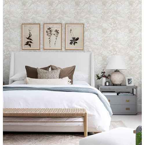 Ismoon Large Floral Peel and Stick Wallpaper Boho Beige Contact Paper 17.3inx6.5ft Neutral Wall Paper Removable Self Adhesive Wallpaper Bedroom Cabinet Bathroom Waterproof Mural Wall Decor Vinyl Roll