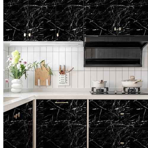 Abyssaly Black and White Marble Contact Paper, Granite Kitchen Wallpaper Peel and Stick Countertops, Glossy Self Adhesive Removable Marble Counter Paper Roll for Cabinets 15.7in X 118in