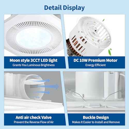 Bathroom Vent Fan with Light, Bathroom Exhaust Fan with LED Light Adjustable, Quiet 1.0 Sones Three Color Temperatures 2700k/4000k/5700k, 110 CFM,Ceiling Mount Ventilation for Home/Bath/Office
