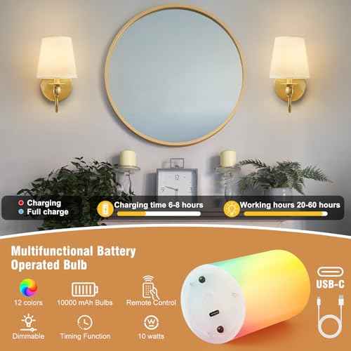 Battery Operated Wall Sconce Set of 2,Wireless Wall Sconces with 10000 mAh,RGB Rechargeable Sconces with Remote,Cordless Wall Lights for Bedroom,Living Room,Bathroom,Renter Friendly Home Decor (Gold)