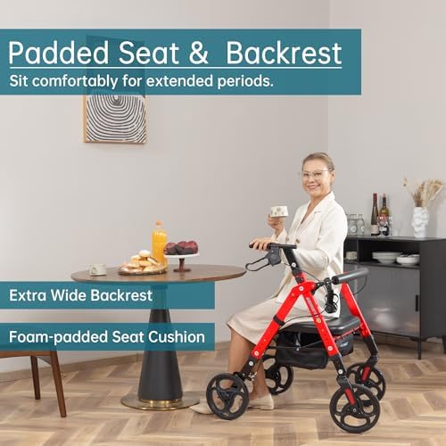 ELENKER Heavy Duty Rollator Walker with Extra Wide Padded Seat and Backrest, Aluminum Bariatric Rolling Walker, 10” Wheels, Support up to 500lbs for Seniors, Red
