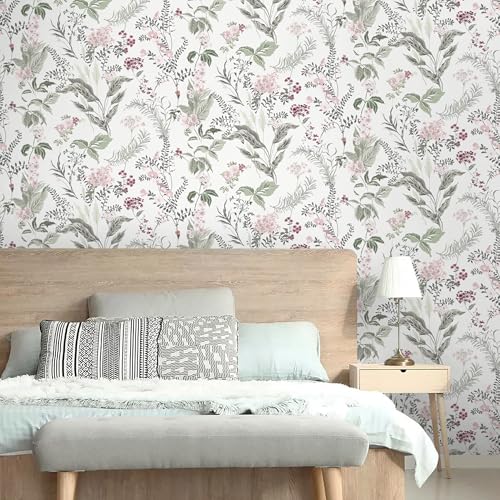 Vinjiasin Peel and Stick Wallpaper Boho Wallpaper Floral Contact Paper Colorful Pink Flower Leaf Self Adhesive Removable Wall Paper for Bathroom Bedroom 16.1" x 78.7"