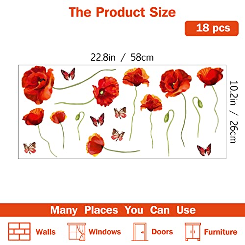 PLIGREAT Red Poppy Flowers Wall Stickers, Peel and Stick Wall Decals, Removable Vinyl Butterfly Walls Sticker for Living Room Bedroom Dining Room Home Indoor Decor DIY Art Decor