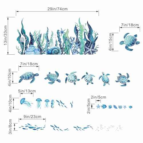 Ocean Sea Turtle Wall Stickers - Under The Sea Marine Theme Seaweed Grass Wall Decals - Baby Nursery Kids Bedroom Daycare Bathroom Wall Decor Stickers