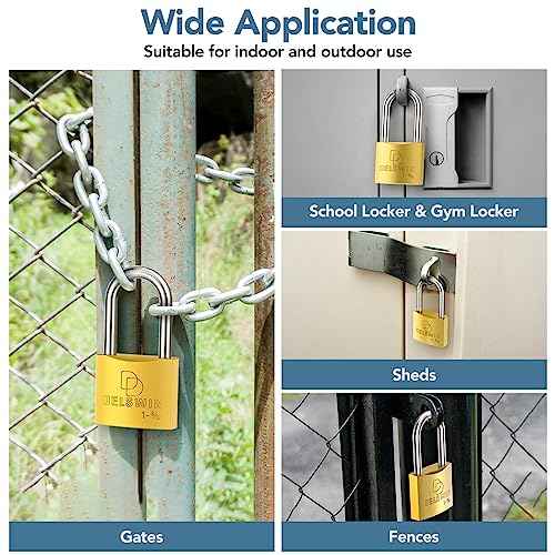DELSWIN Weatherproof Padlock with Key (Keyed Alike) - Heavy Duty Solid Brass Locker Lock with 1-9/16" Long Shackle, Marine Grade Pad Lock for Outdoor Gate, Fence, Shed (4 Pack)