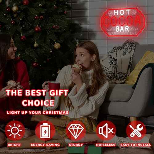 Hot Cocoa Bar Neon Sign Dimmable Christmas Coffee Led Sign Hot Chocolate Bar Warm Up Here Neon Lights Vintage Cocoa Light Up Sign for Kitchen Cafe Stations