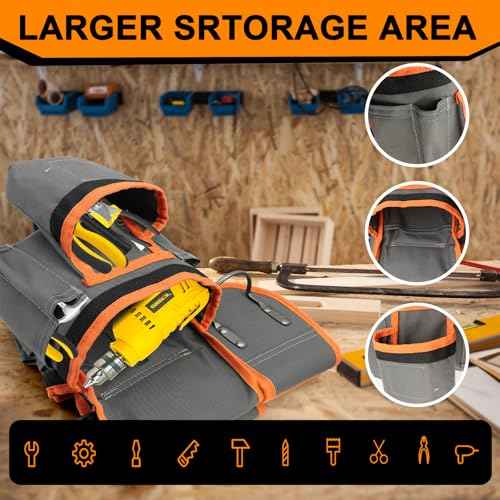 Tool Belts for Men with Magnetic Function, Large Capacity Carpenter Electrician Tool Belt with Suspenders for Men, Electrician Tool Pouch Bag with Adjustable Waist Size, Grey and Orange