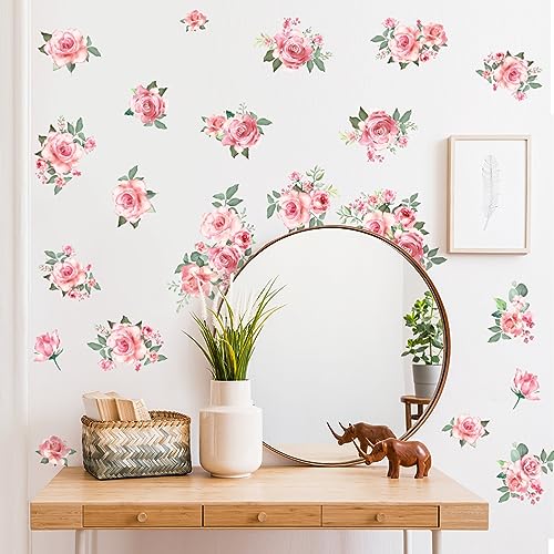 Pink Flowers & Green Leaves Wall Decals - Removable Peel & Stick Garden Floral Wall Stickers for Bedroom & Living Room