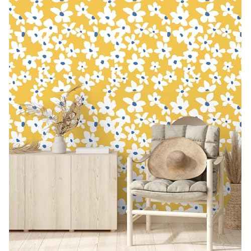 HAOKHOME Yellow Peel and Stick Wallpaper Floral Yellow/White/Blue Removable Wall Paper for Bedroom Bathroom Textured Stick on Contact Paper 17.7in x 9.8ft