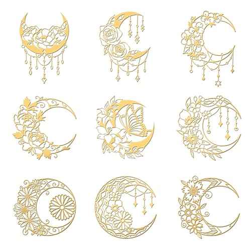 OLYCRAFT 9pcs 1.6x1.6 Inch Gold Metal Stickers Moon Butterfly Metal Stickers Self Adhesive Golden Sticker Mandala Flower Decals for Scrapbooks DIY Resin Crafts Phone Water Bottle Decor