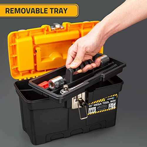 CANOPUS Plastic Toolbox, 13-inch Portable Mega Tool Box with Metallic Clutch, Tool Organizer with Extra Storage Tray for Home Tools, Nails and Pins, Black-Yellow