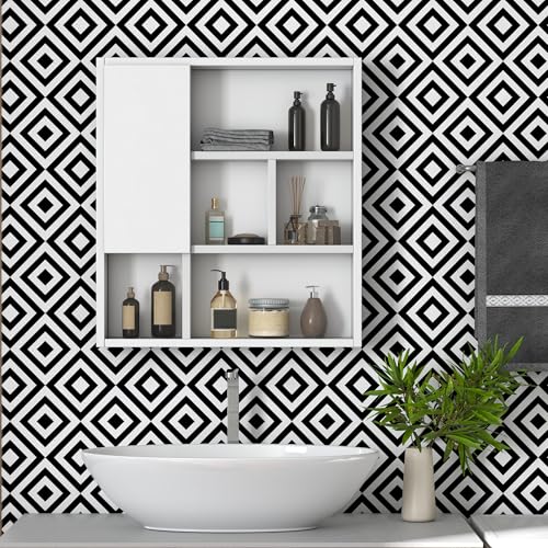 Black and White Wallpaper Peel and Stick Modern 17.3"¡¿78.8" Removable Self Adhesive Wallpaper Geometric Contact Paper for Cabinets Waterproof Rhombus Decorative Wall Paper for Bathroom Vinyl