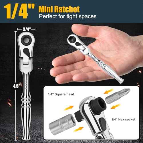 1/4" Ratchet Wrench, 72-Tooth Flex Head Ratchet for Ultra Tight Spots - Socket & Bit Driver, Chrome finish, 2-IN-1 Pocket Mini Ratchet for Engine Bays, Seat Rails, Bike Bodywork | 4.5" Long