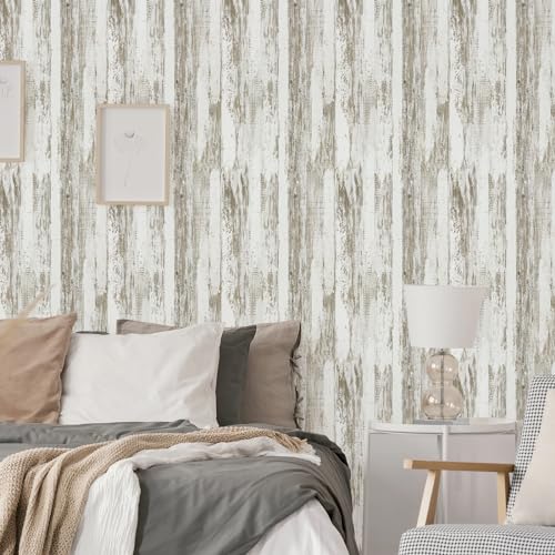 WENMER White and Brown Rustic Wood Grain Wallpaper, 17.3" x 118", 14.1 sq.ft. Peel and Stick, Waterproof, Multi-Surface Use