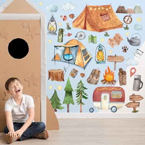 2 Sheet 64 Pcs Camping Wall Decals Stickers Adventure Theme Room Stickers Tent Camper Outdoor Wall Decals RV Bonfire Camping Decor for Classroom Kids Nursery Bedroom Home Decorations