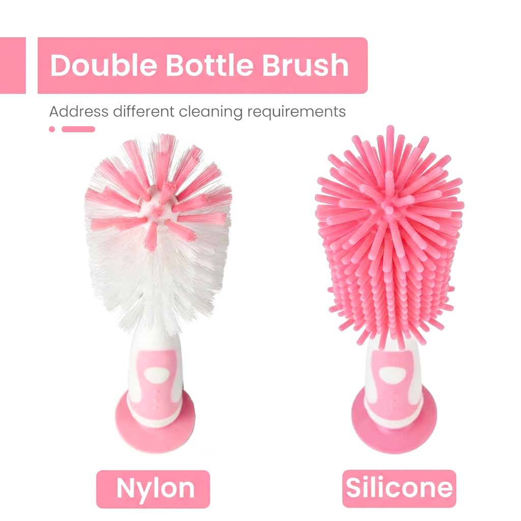Ariseno 5-in-1 Baby Bottle Brush Set, Including Nylon and Silicone Bottle Brush, Cap, Straw, Nipple Brushes, BPA-Free (Pink)