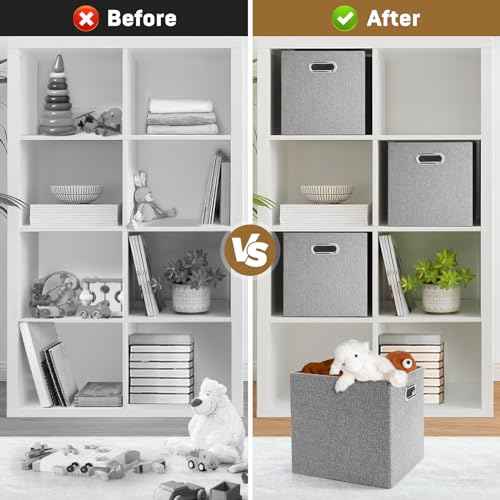 Cube Storage Bins,11 Inch Collapsible Storage Box Linen Fabric Bins with Double Handles, Storage Basket for Home, Closet, Shelves, Clothes Toy, Nursery, Decorative, 11x11, Grey, Set of 4