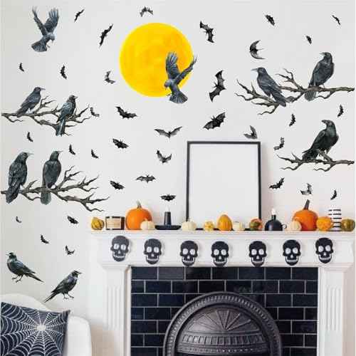 Halloween Crow Wall Decals Black Raven Tree Branches Decals Moon Bat Crow Window Stickers Moon Tree Branch Gothic Halloween Wall Stickers Raven Crows Wall Window Decorations