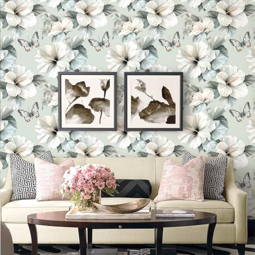 Floral Peel and Stick Wallpaper White Flower Contact Paper 16.9inch x 196.8inch Oil Painting Modern Wall Paper Butterfly Removable Large Floral Decorative Wallpaper Flower Waterproof Vinyl