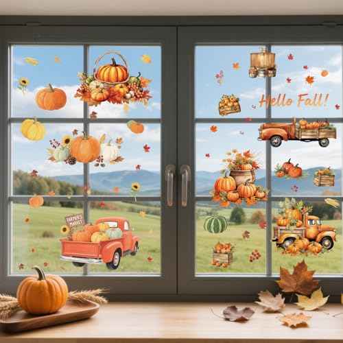 Thanksgiving Fall Wall Decals Removable Autumn Peel and Stick Wall Stickers 6-Sheet Set with Pumpkin Truck, Maple Leaves Design for Home, Office, Bedroom, Living Room Party Decor