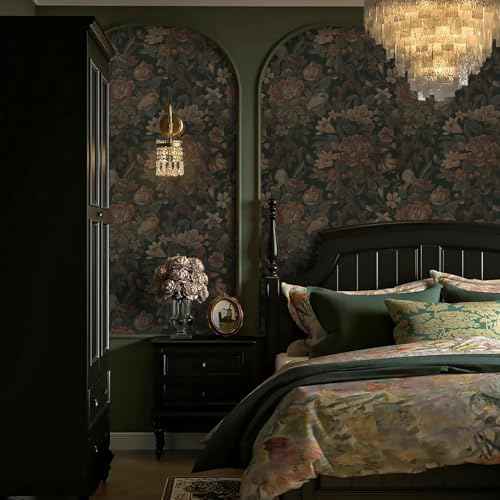 Dimoon Vintage Wallpaper Peel and Stick Dark Green Floral Wallpaper 16.1"x393"Flower Leaf Contact Paper for Bedroom Thicken Waterproof Self Adhesive Wall Paper Removable Shelf Liner Vinyl Roll