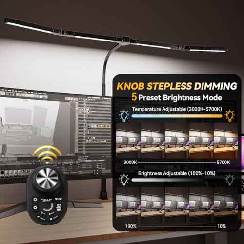 Adjustable LED Desk Lamp ? Stepless Dimming & Color Temp Remote Control, Eye-Caring 4 Large Bright Light Souce for Home Office, Gooseneck, Clamp Base, 5 Lighting Modes for Reading, Computer, DIY