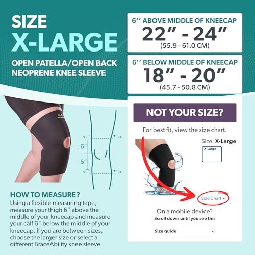 BraceAbility Open Patella/Open Back Neoprene Knee Sleeve | Water-Resistant Athletic Compression Knee Brace for Swimming, Wakeboarding, Scuba Diving, Surfing, Waterskiing and Other Sports (XL)