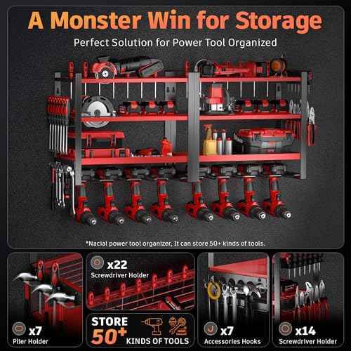 Power Tool Organizer Wall Mount, 4 Layer Drill Holder Wall Mount, Heavy Duty Tool Rack, Garage Tool Organizers and Utility Storage Rack for Drill Holder Charging Station, Perfect for Father's Day Gift