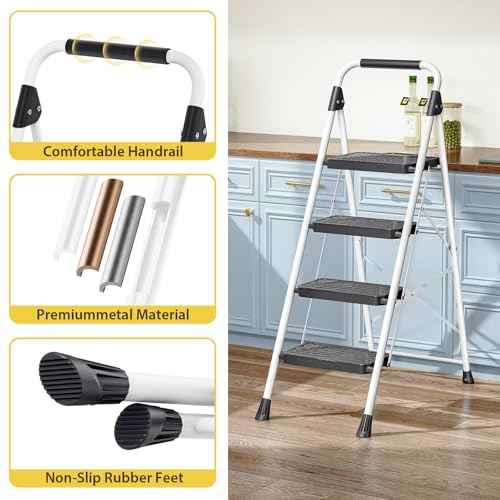 KINGRACK Sturdy Steel 4 Step Ladder, Folding Step Stool with Handrail, Anti-Slip Wide Pedals, Safe-Lock Design, Pass 800lbs Load Testing, Portable Ladder for Multi-Purpose in Home, Kitchen, White