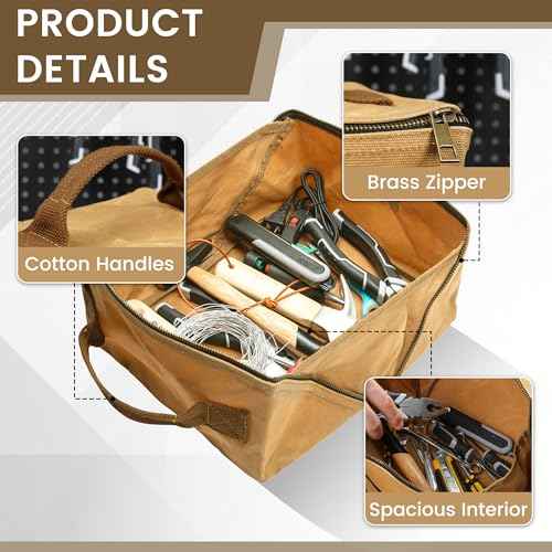 Heavy Duty Tool Storage Organizer, Tool Pouch with Metal Zipper + Handle, 16 OZ Waxed Canvas Tool Bag | 3-Pack | Army Green + Khaki + Grey