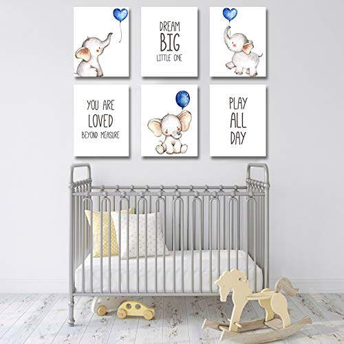 Set of 6 Unframed Baby Boy Wall Art Prints, Blue Elephant Wall Decor with Balloons for Boy's Room (8" x 10")