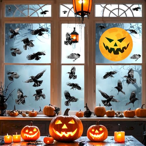 Halloween Decoration Decals for Wall Scary Indoor Halloween Sticker Decor Moon Crow Sticker Halloweens Window Decal Peel and Stick Black Crow Art Murals for Living Room Bedroom Haunted House Supplies